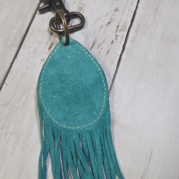 Myra Bag Tan and Teal Leather Fringe Keychain - Picture 5 of 5